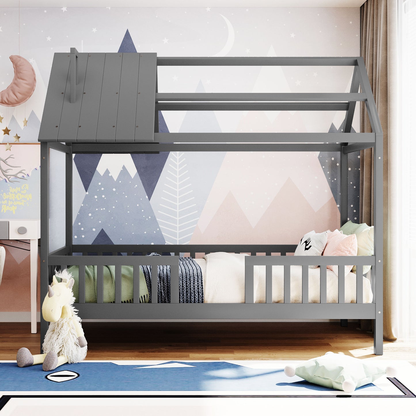 Twin Size House Bed With Fence - Gray