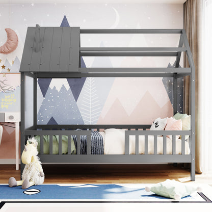 Twin Size House Bed With Fence - Gray