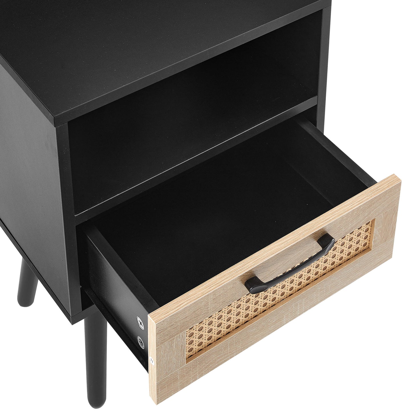 15.75" Rattan End Table With Drawer And Solid Wood Legs, Modern Nightstand, Side Table For Living Room, Bedroom - Black