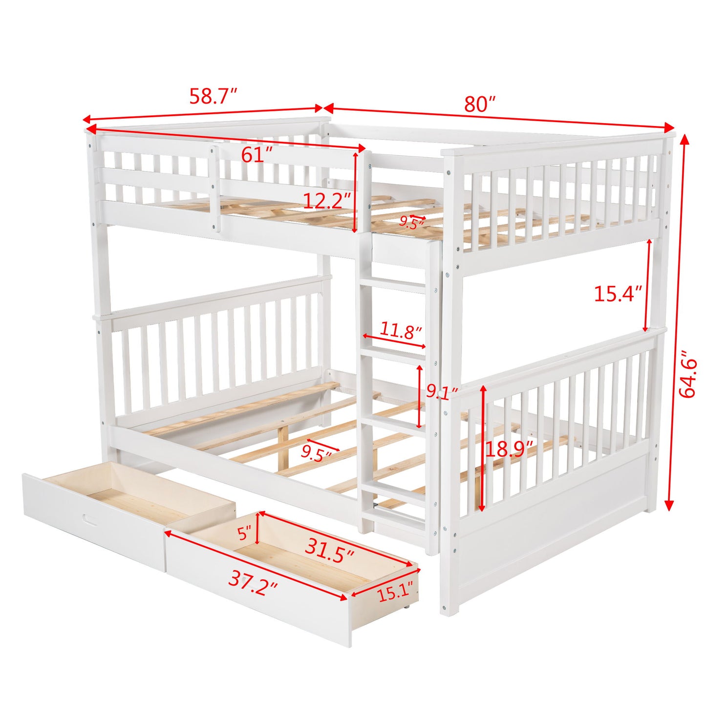Full Over Full Bunk Bed With Ladders And 2 Storage Drawers - White