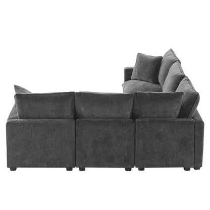 Modern L Shape Modular Sofa, 5 Seat Chenille Sectional Couch Set With 2 Pillows Included, Freely Combinable Indoor Funiture - Black / Gray