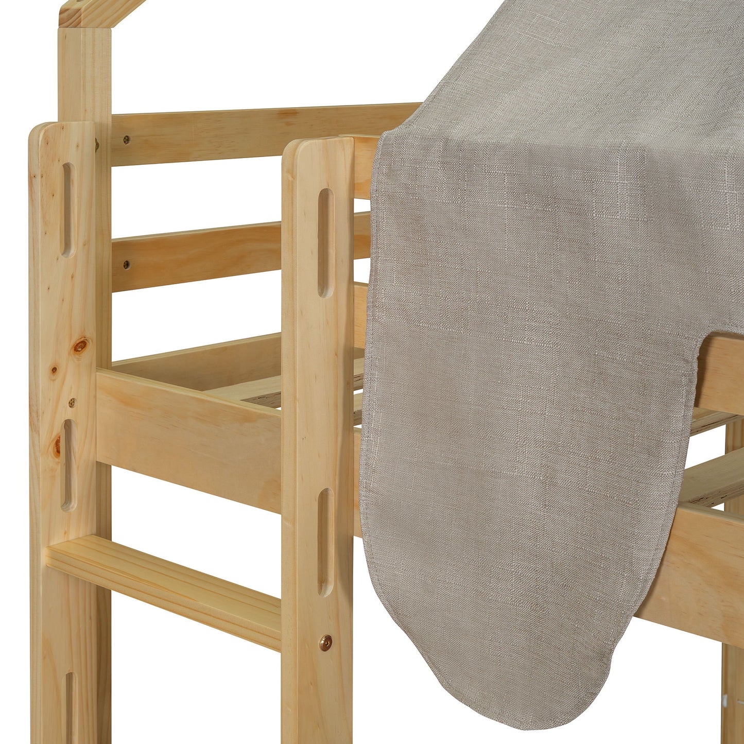 Full Size Loft Bed House Shaped Frame With Tent - Natural / Beige