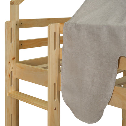 Full Size Loft Bed House Shaped Frame With Tent - Natural / Beige