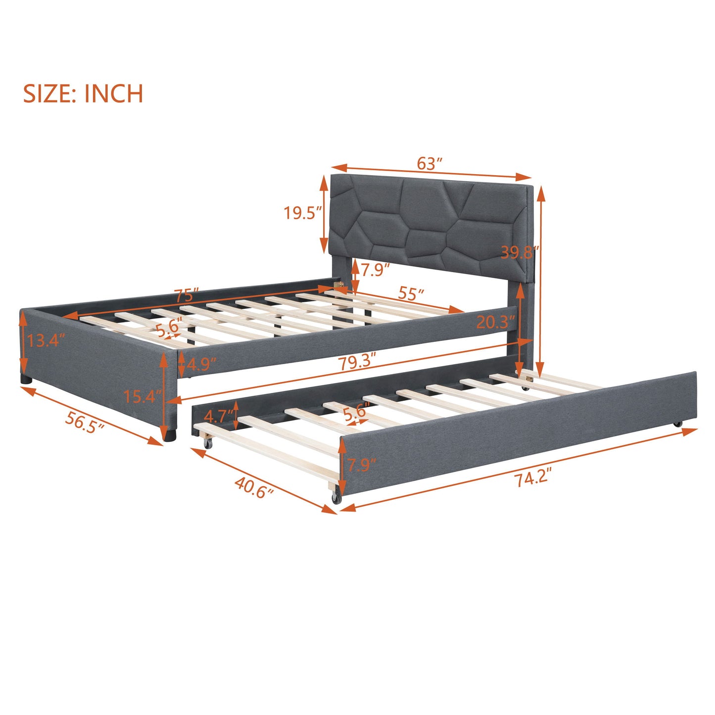 Full Size Upholstered Platform Bed With Brick Pattern Headboard And Twin Size Trundle - Gray