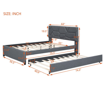 Full Size Upholstered Platform Bed With Brick Pattern Headboard And Twin Size Trundle - Gray
