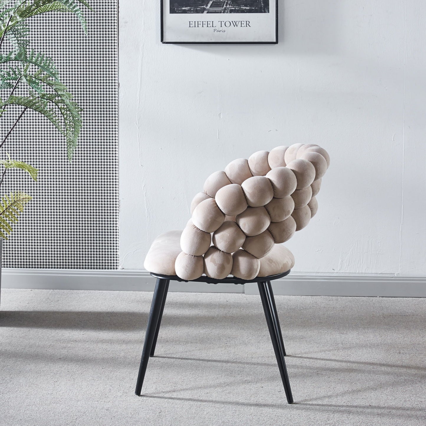 Modern Chair With Golden Color Iron Tube Legs, Soft Cushions And Comfortable Backrest, Suitable For Dining Room, Living Room, Cafe, Hairball Back (Set of 2) - Beige / Black