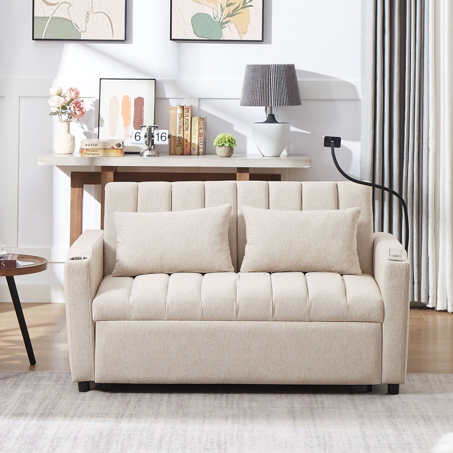 Convertible Sofa Bed Loveseat Sofa With Three USB Ports, Two Side Pockets, Two Cup Holders And 360ÔøΩÔøΩÔøΩÔøΩÔøΩÔøΩÔøΩÔøΩÔøΩÔøΩÔøΩÔøΩÔøΩÔøΩÔøΩÔøΩÔøΩÔøΩÔøΩÔøΩÔøΩÔøΩÔøΩÔøΩÔøΩÔøΩÔøΩÔøΩÔøΩÔøΩÔøΩÔøΩÔøΩ swivel Phone Holder For Living Room - Beige
