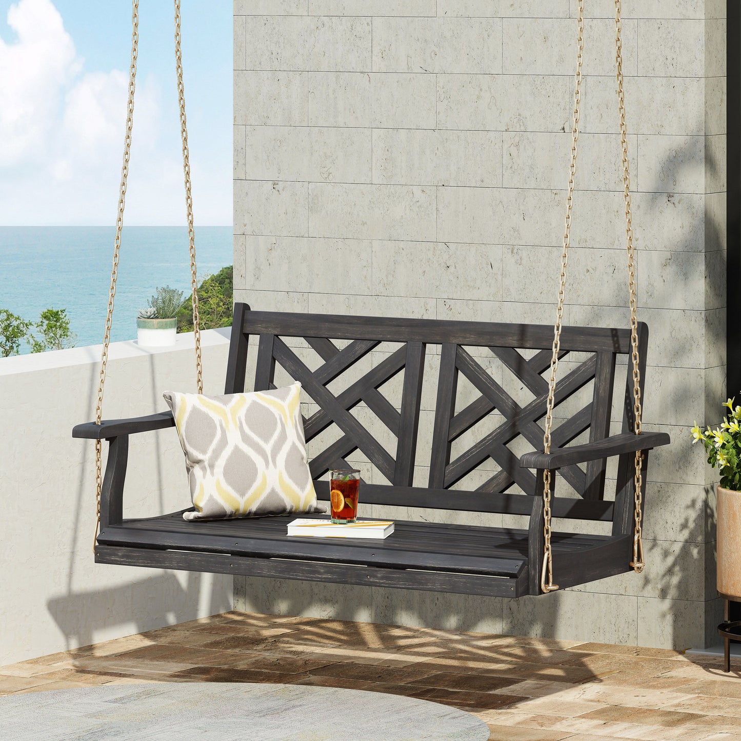 Alejandro - Acacia Wood Porch Swing With Slat Panel Seating - Dark Gray