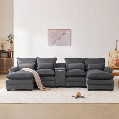 Modern U Shaped Sofa With Console, Cupholders And USB Ports, 6 Seat Upholstered Symmetrical Indoor Furniture, Sleeper Couch Set With Chaise - Gray