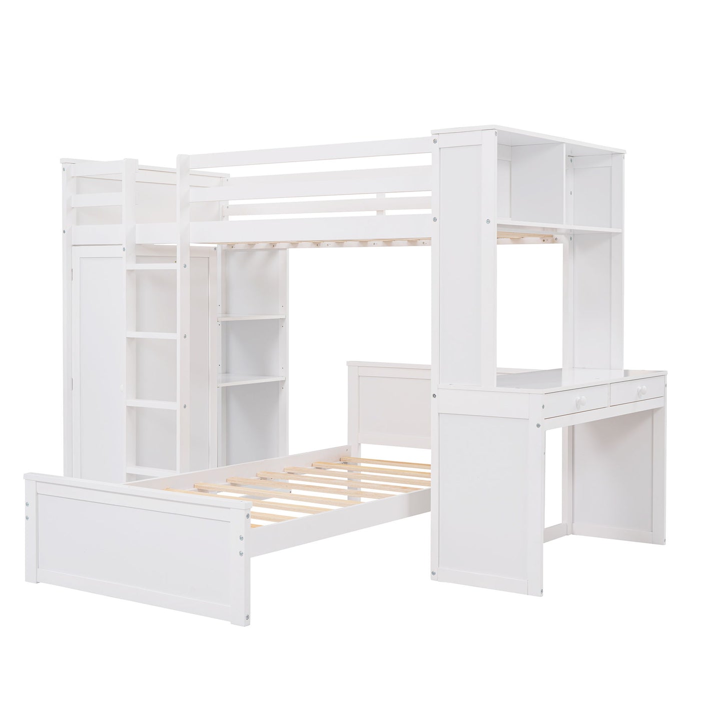 Twin Size Loft Bed With A Stand Alone Bed, Shelves, Desk, And Wardrobe - White