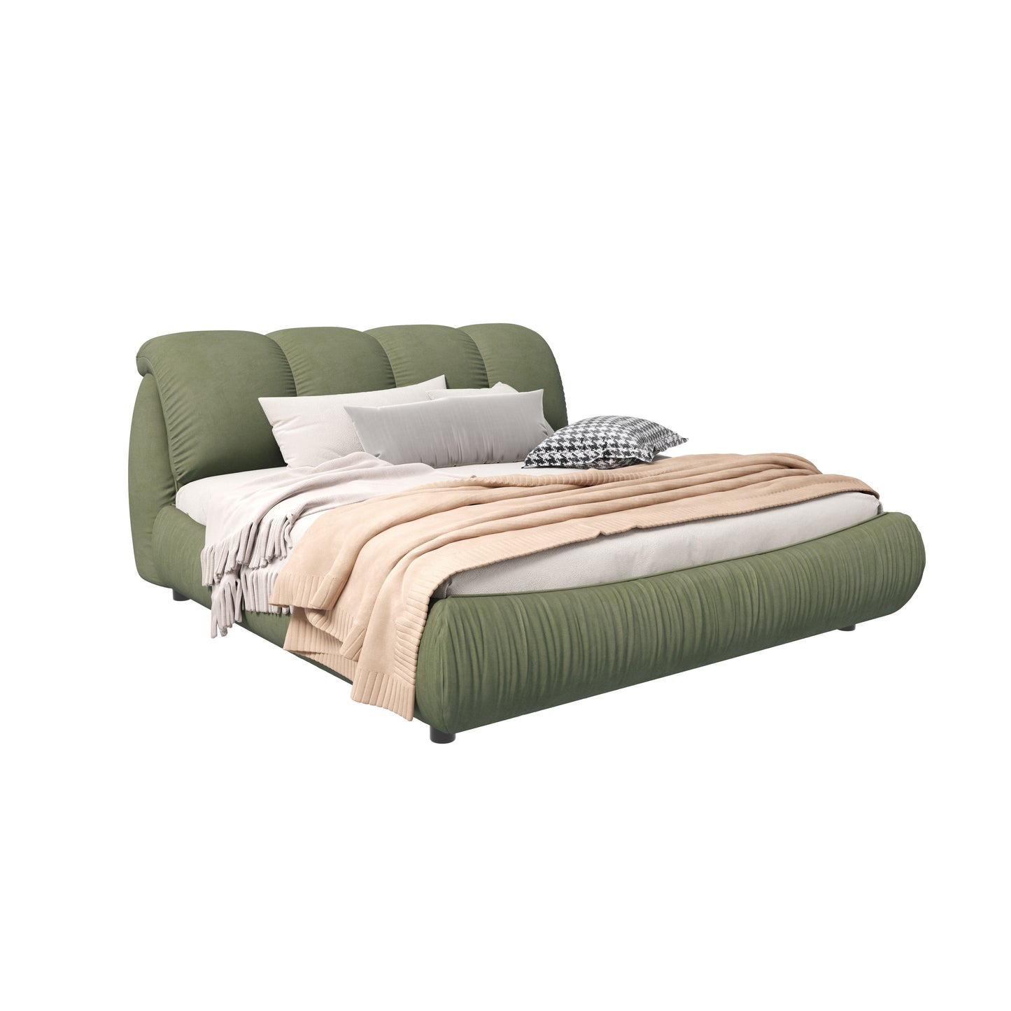 Queen Size Luxury Upholstered Platform Bed With Oversized Padded Backrest And Solid Wood Frame, Suitable For Multiple Heights Of Mattresses - Green