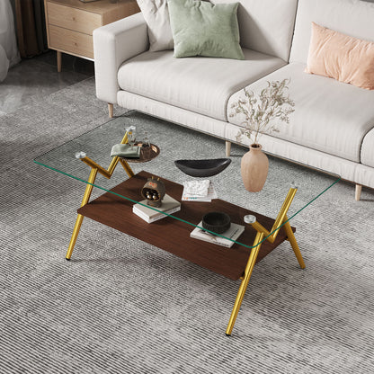 Rectangle Coffee Table With Tempered Glass Top And Golden Metal Legs, Modern Table For Living Room, Transparent Glass - Gold / Dark Brown