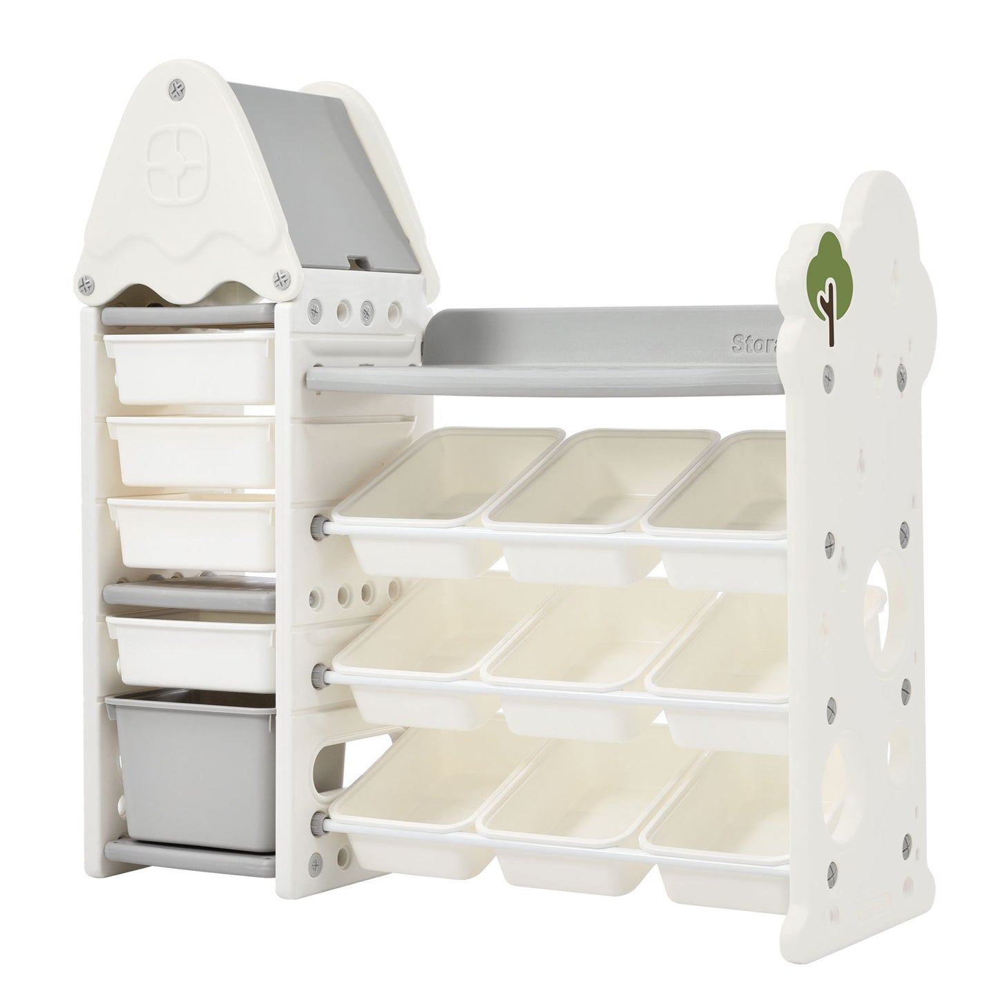 Kids Bookshelf Toy Storage Organizer With 17 Bins And 5 Bookshelves, Multi-Functional Nursery Organizer Kids Furniture Set Toy Storage Cabinet Unit With HDPE SheLF And Bins - Gray