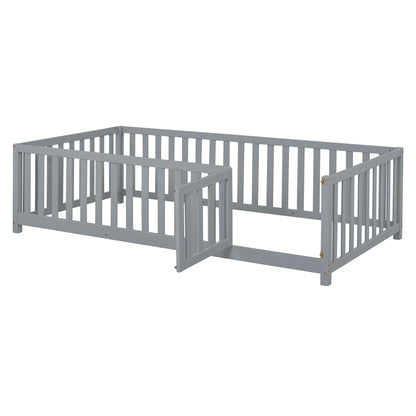 Twin Size Daybed With Fence Guardrails And 2 Drawers, Split Into Independent Floor Bed & Daybed - Gray