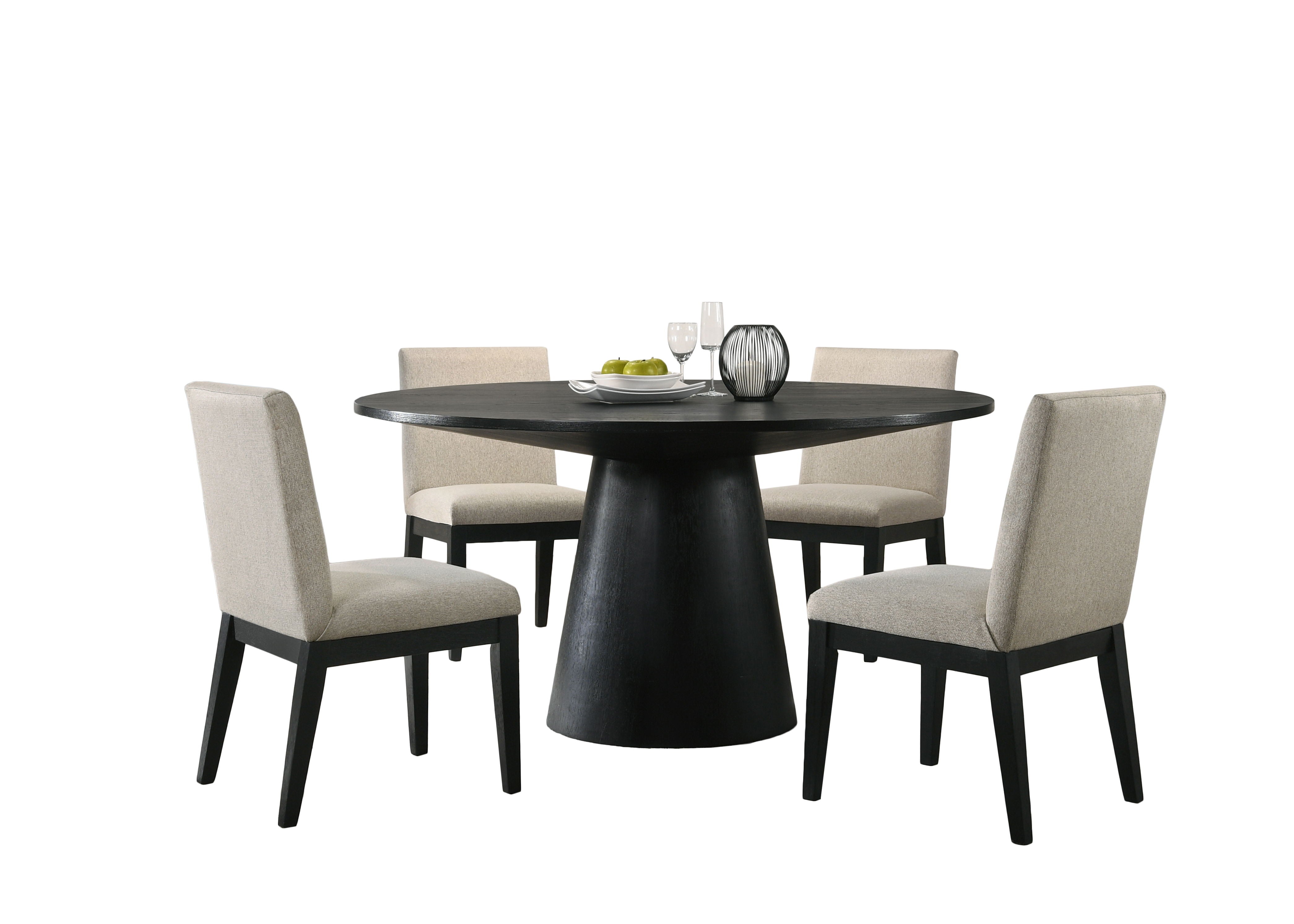 Jasper - 5 Piece Wide Contemporary Round Dining Table With Beige Fabric Chairs (Set of 5) - Black