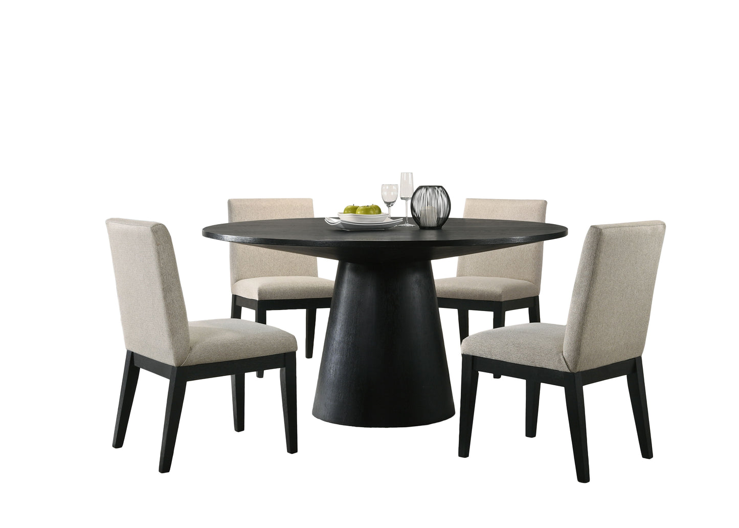 Jasper - 5 Piece Wide Contemporary Round Dining Table With Beige Fabric Chairs (Set of 5) - Black