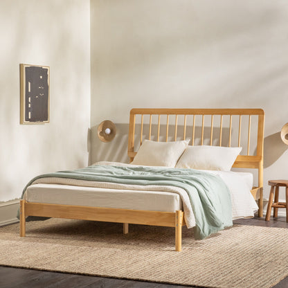 Mid-Century Modern Solid Wood Queen Spindle Bed - Natural Pine