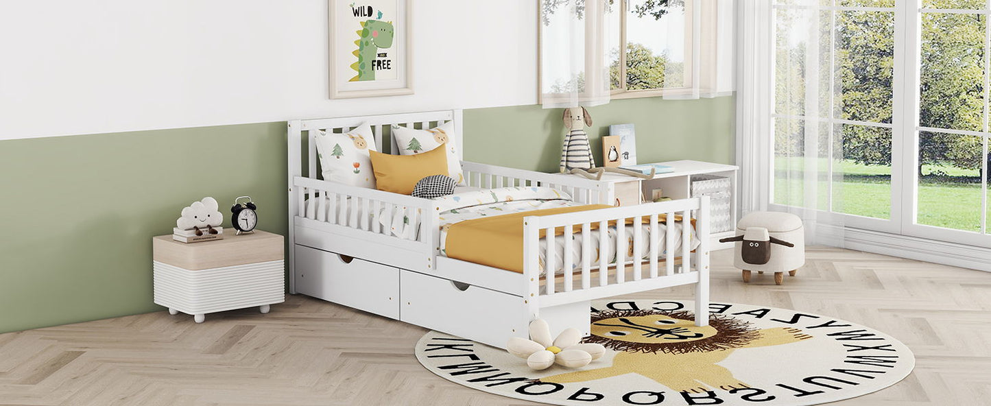 Twin Size Platform Bed With Guardrails On Both Sides And 2 Storage Drawers - White