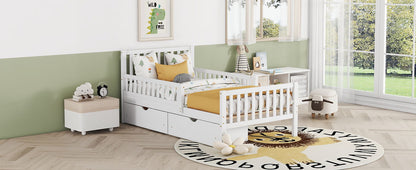 Twin Size Platform Bed With Guardrails On Both Sides And 2 Storage Drawers - White