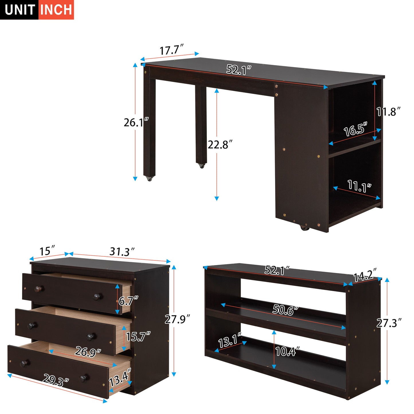 Full Loft Low Study Bed With Cabinet, Shelves And Rolling Portable Desk, Multiple Functions - Espresso