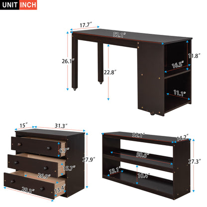 Full Loft Low Study Bed With Cabinet, Shelves And Rolling Portable Desk, Multiple Functions - Espresso