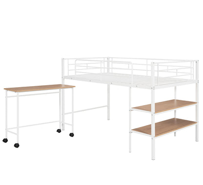 Twin Size Loft Bed With Desk And Shelves - White