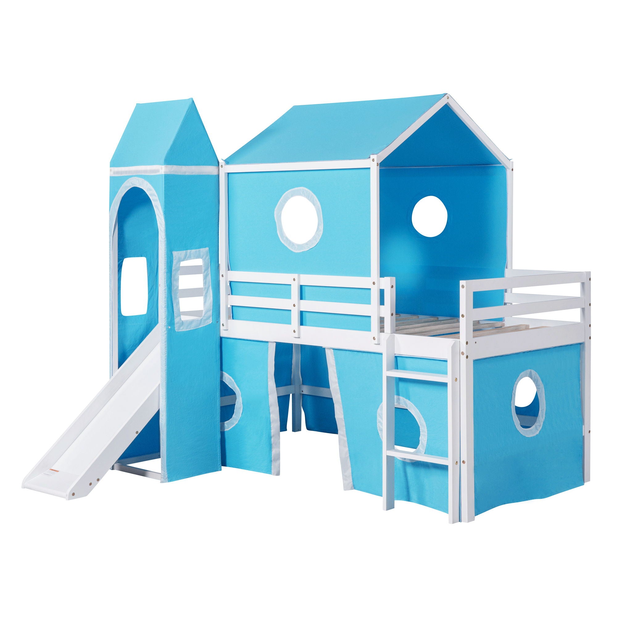 Twin Size Loft Bed With Slide Blue Tent And Tower - Blue