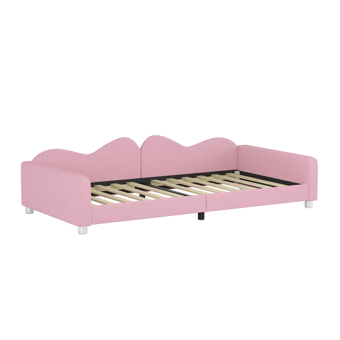 Twin Size Upholstered Daybed, Sherpa Fabric Sofabed With Cloud-Shaped Backrest, No Box - Spring Needed - Pink