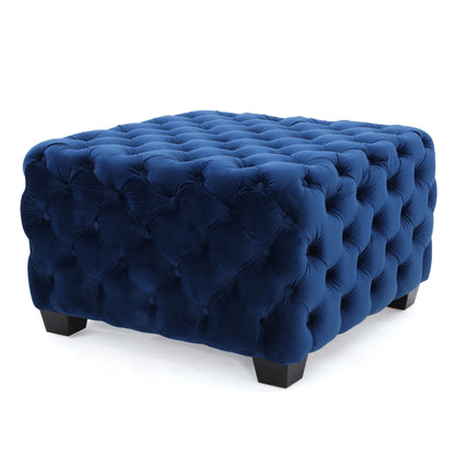 Modern Glam Ottoman With Velvet Upholstery And Button Tufted Design - Navy Blue