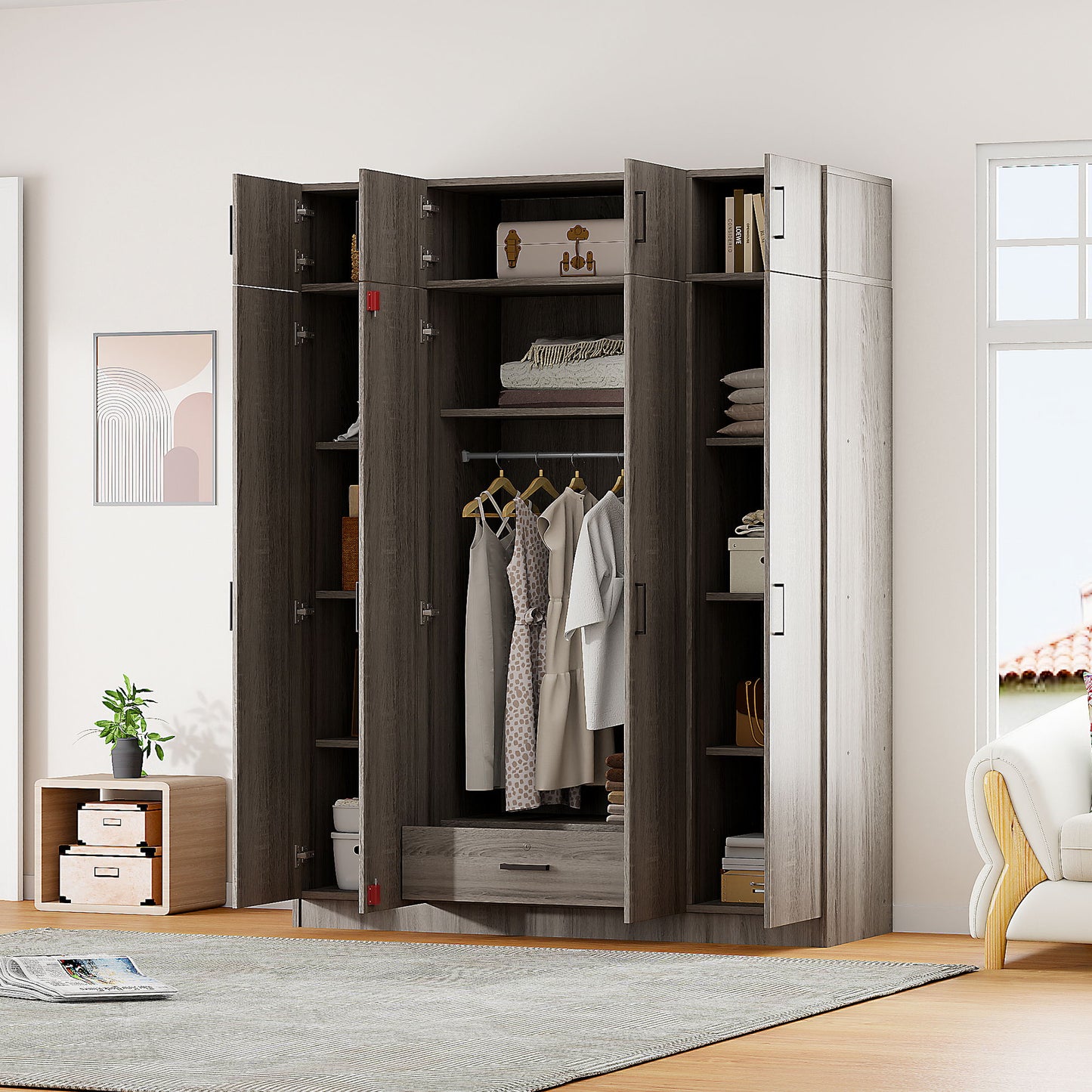 Contemporary 4 Door Wardrobe With 1 Drawer And Top Cabinet - Gray