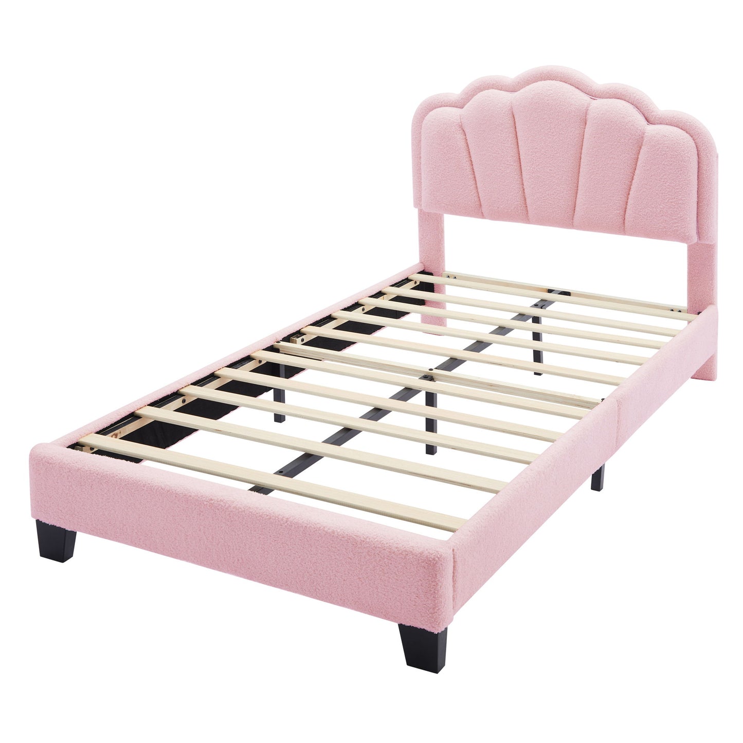 Twin Size Upholstered Flower-Shape Bed, Elegant Flowers Headboard With LED Light Strip, Sherpa Fabric Platform Bed With Slats Support - Pink