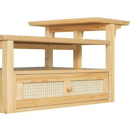 Modern Coffee Table, Coffee Table With 1 Storage Shelf, 2 Tabletops And 1 Rattan Drawer For Living Room - Natural