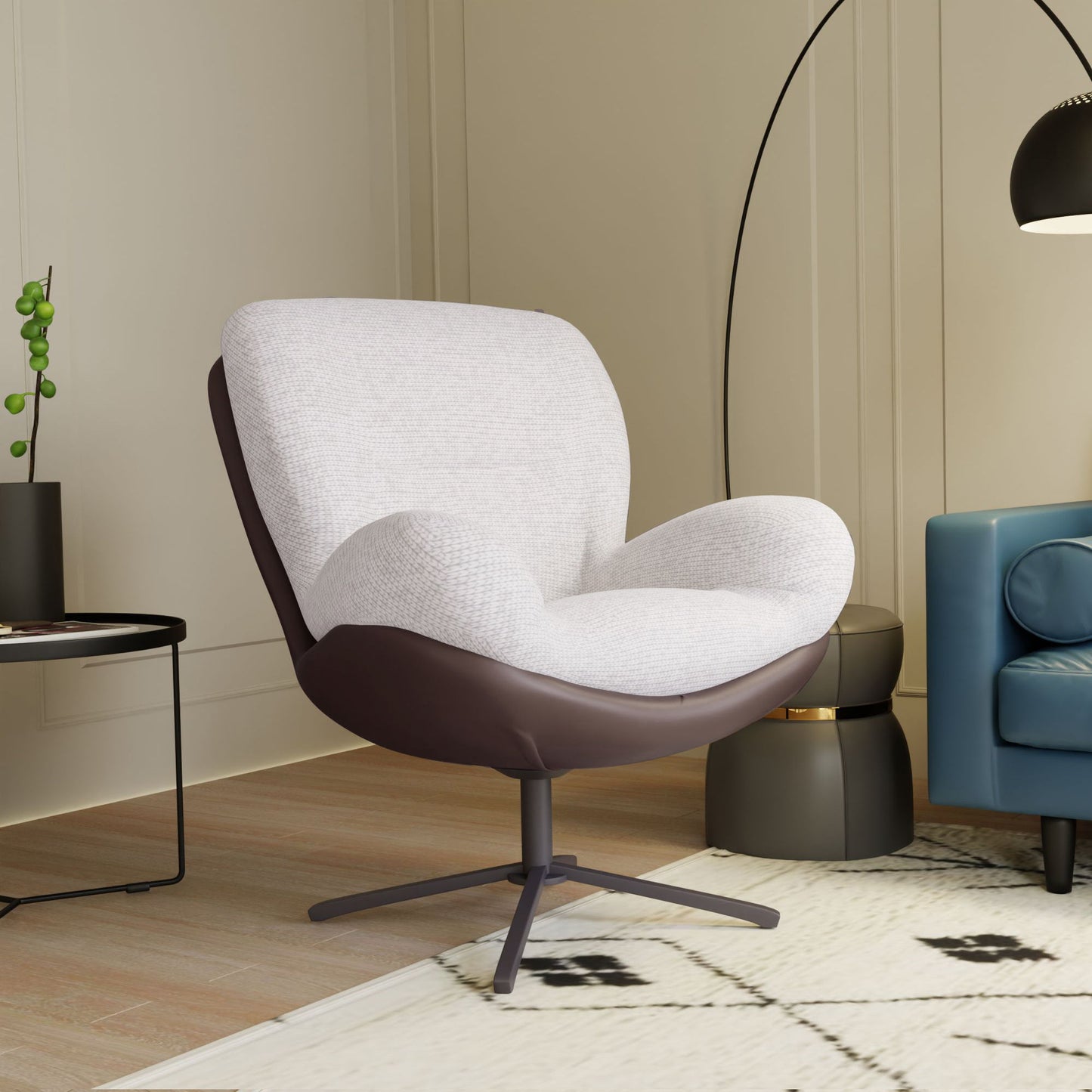 360ÔøΩÔøΩ Swivel Office Chair, Modern Chenille Chair With And Metal Base Frame, No Wheels, Accent Chair - White