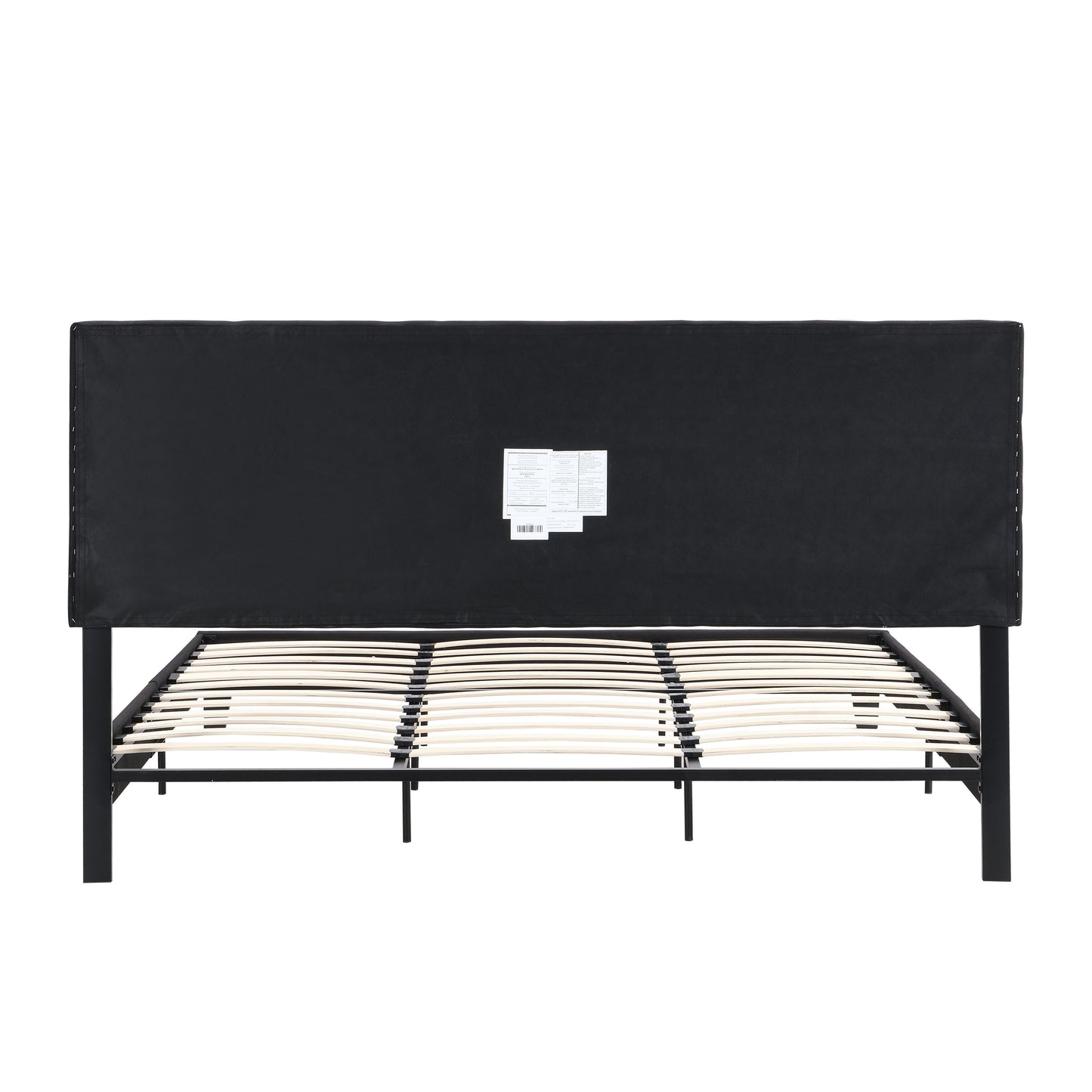 King Size Upholstered Platform Bed Frame With Linen Fabric Headboard, No Box Spring Needed, Wood Slat Support - Black