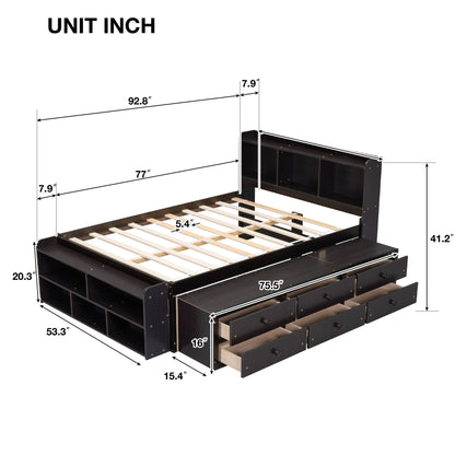 Full Bed With Bookcase Headboard, Under Bed Storage Drawers And Bed End Storage Case - Espresso