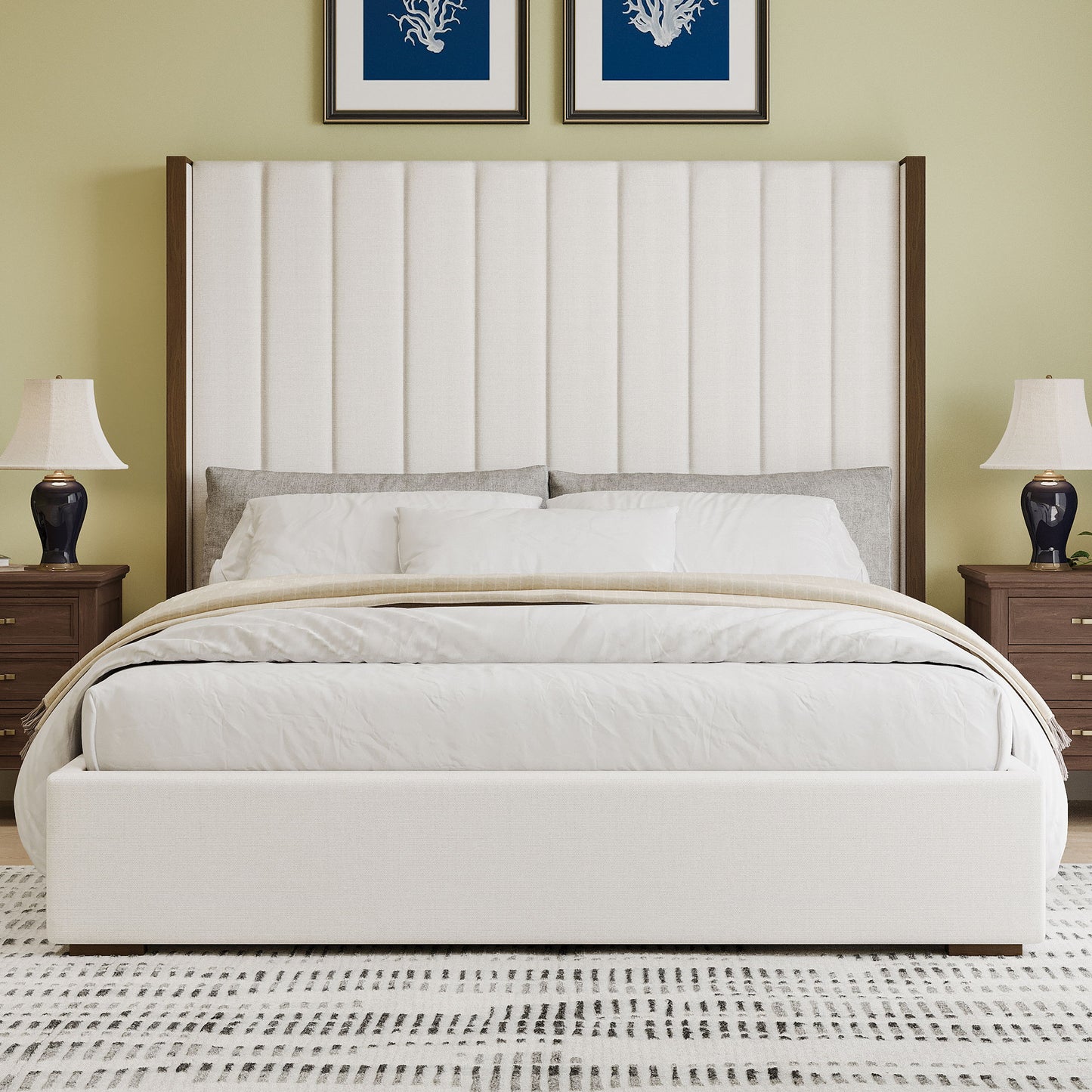 Tall Headboard Upholstered King Size Bed With Vertical Striped And Wingback Design, Box Spring Needed, Linen - Beige