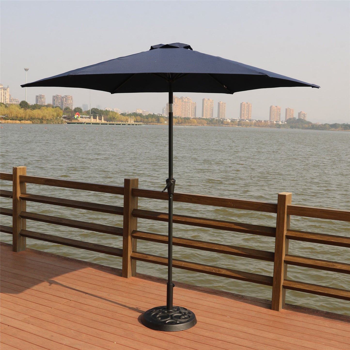 8.8' Outdoor Aluminum Patio Umbrella, Patio Umbrella, Market Umbrella With 33 Pounds Round Resin Umbrella Base, Push Button Tilt And Crank Lift - Navy Blue