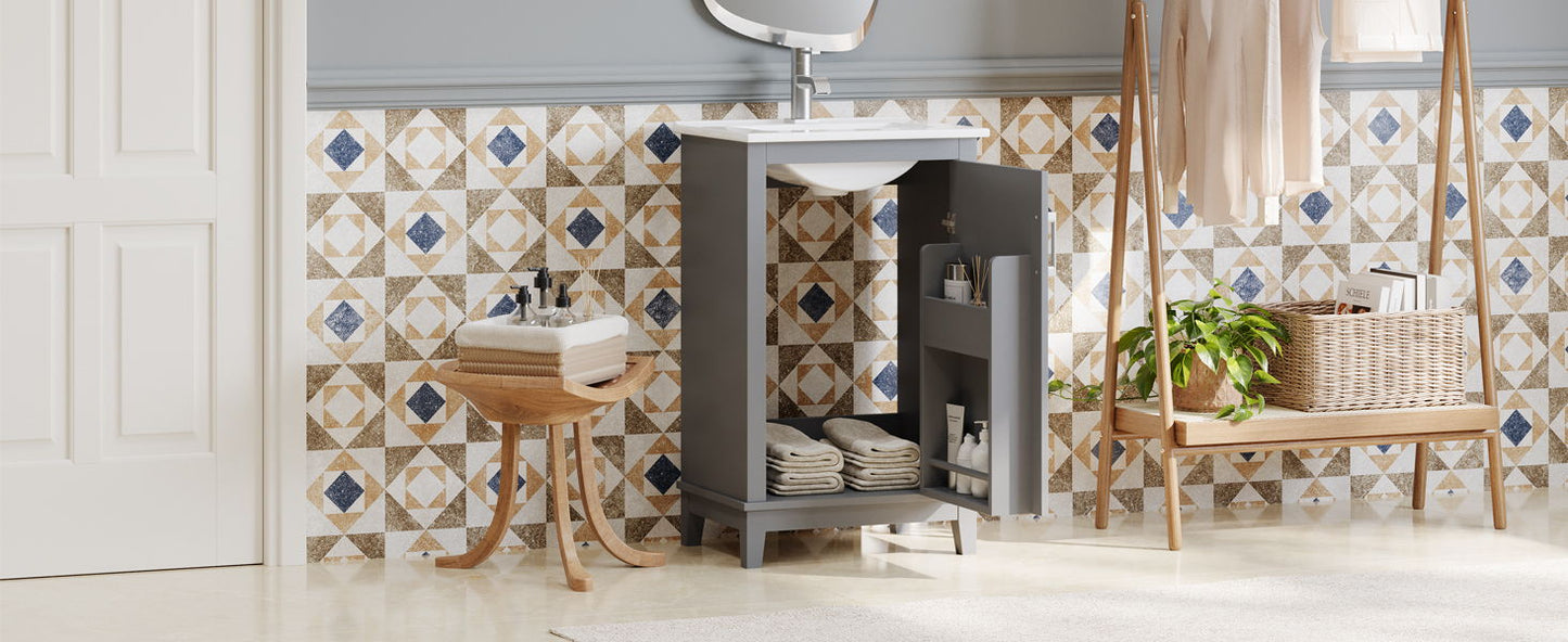 Modern Small Bathroom Vanity Cabinet With Ceramic Basin, Ample Storage, 1 Soft-Close Door - Gray