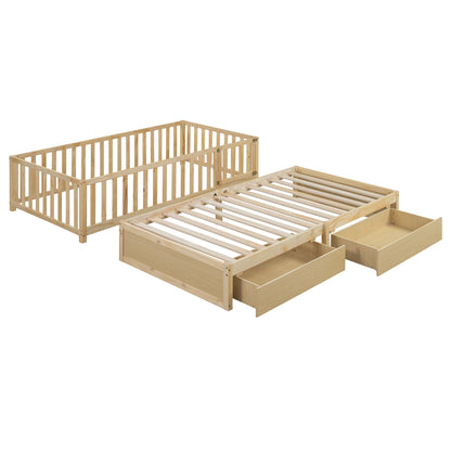Twin Size Daybed With Fence Guardrails And 2 Drawers, Versatile Split Floor Bed & Daybed - Natural