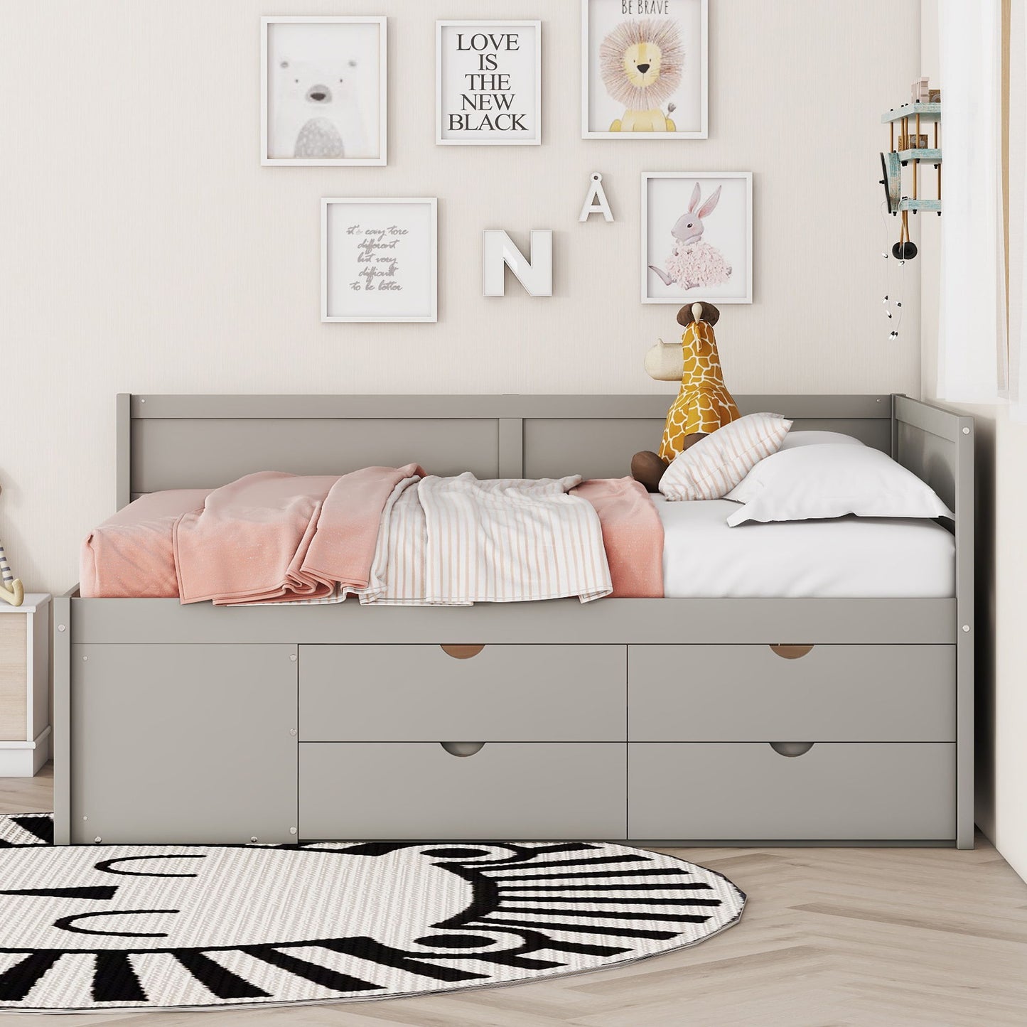 Full Size Daybed With Drawers And Shelves - Gray