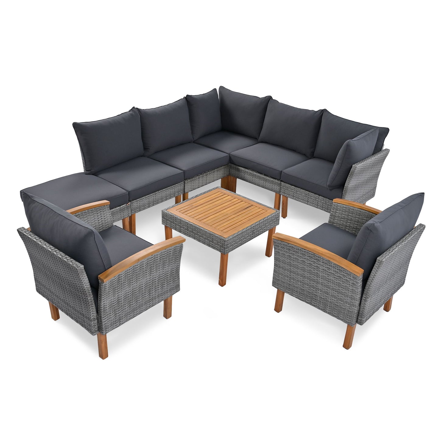 9 Piece Patio Rattan Furniture Set, Outdoor Conversation Set With Acacia Wood Legs And Tabletop, PE Rattan Sectional Sofa Set With Coffee Table, Washable Cushion - Gray