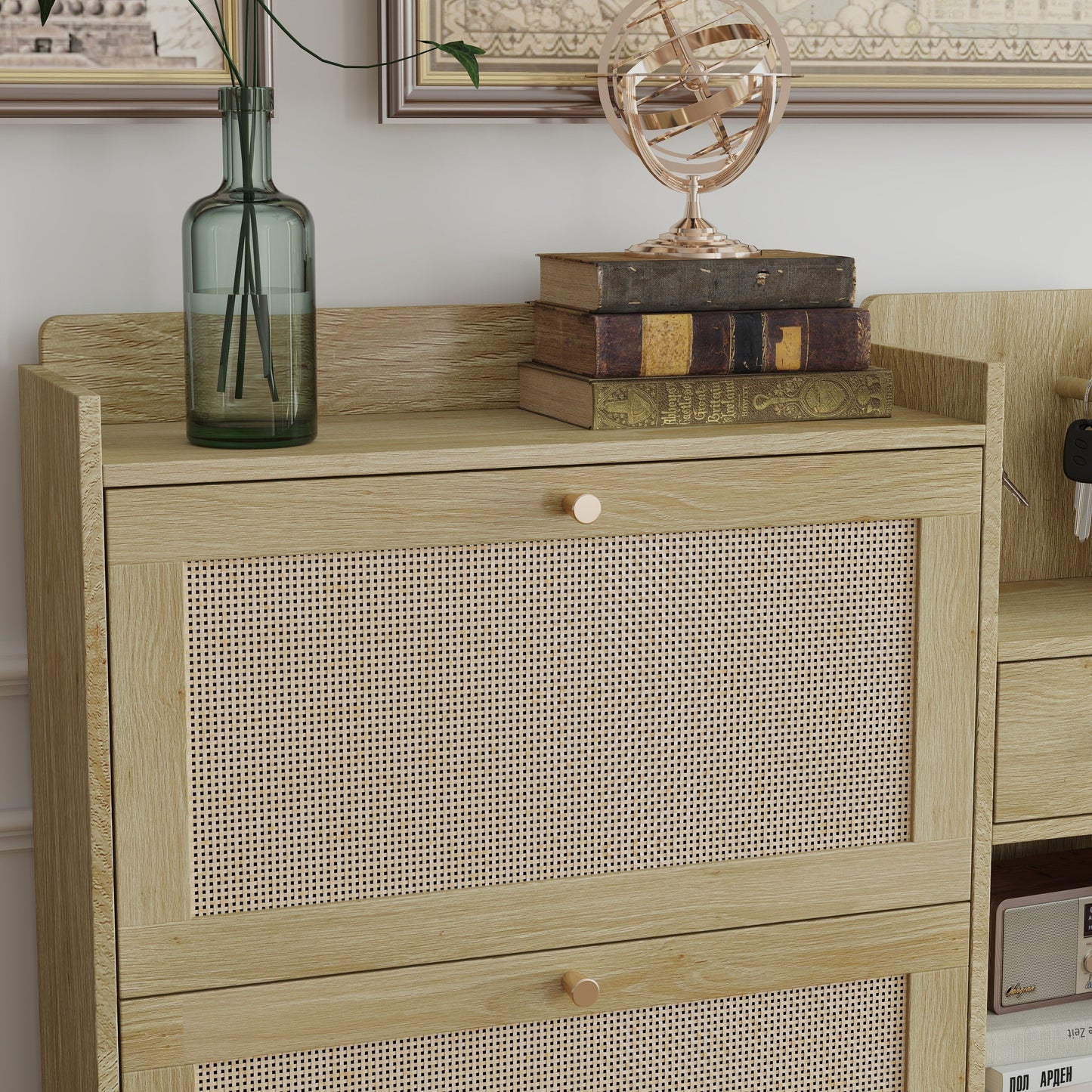 Natural Bohemia Style Shoe Cabinet, Shoe Rack Cabinet With 3 Rattan Flip Drawers, 3 Square Shelves And 1 Storage Drawer, Shoe Organizer With Mulit Storage Space And Hooks For Hallway, Entryway - Natural