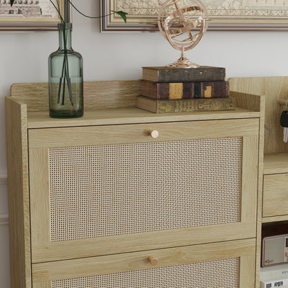 Natural Bohemia Style Shoe Cabinet, Shoe Rack Cabinet With 3 Rattan Flip Drawers, 3 Square Shelves And 1 Storage Drawer, Shoe Organizer With Mulit Storage Space And Hooks For Hallway, Entryway - Natural
