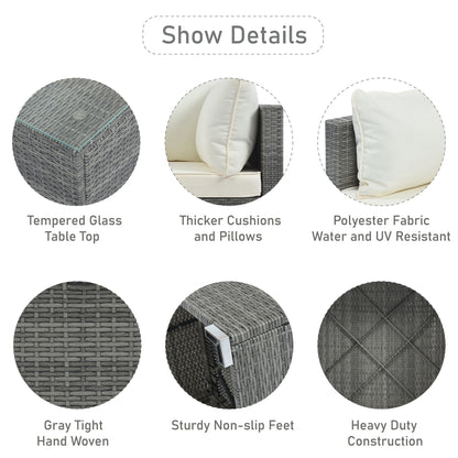 8 Pieces Outdoor Patio Furniture Sets, Garden Conversation Wicker Sofa Set, Single Sofa Combinable - Beiges / Gray
