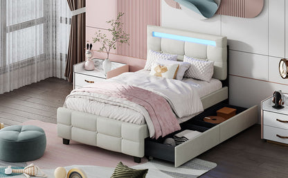 Twin Size Upholstered Platform Bed With LED Frame And 2 Drawers - Beige