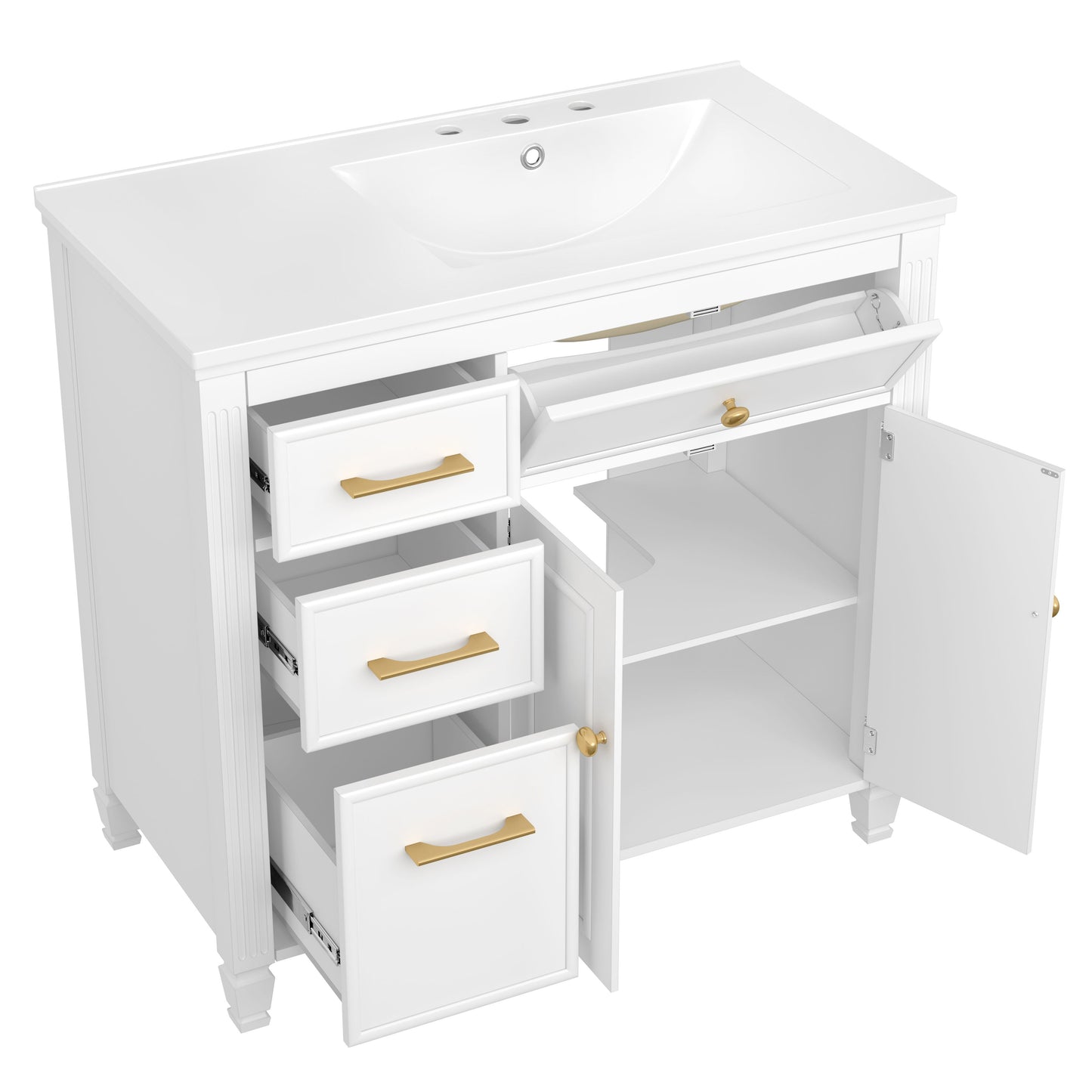 Modern Bathroom Vanity With Ceramic Sink, Freestanding, One Tip - Out Drawer, 3 Side Drawers, Adjustable Shelf - White