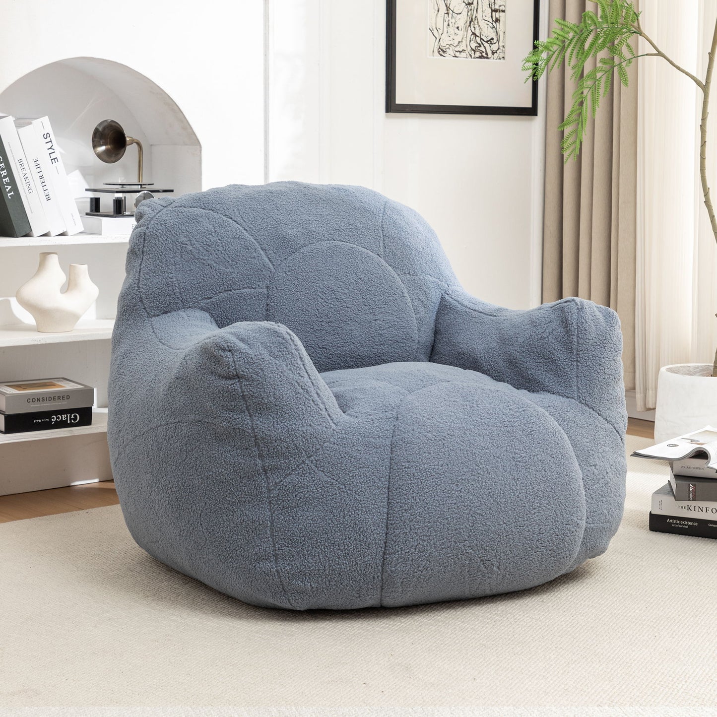 Comfy Bean Bag Chair With Filler, Tufted Memory Foam Sofa Teddy Fabric, Fluffy And Cozy Seating For Dorm, Apartment, Or Living Room - Light Blue