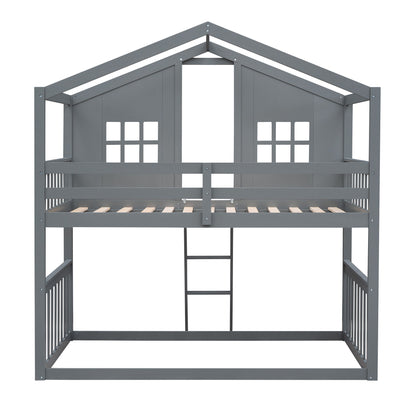 Twin Over Twin House Bunk Bed With Ladder - Gray
