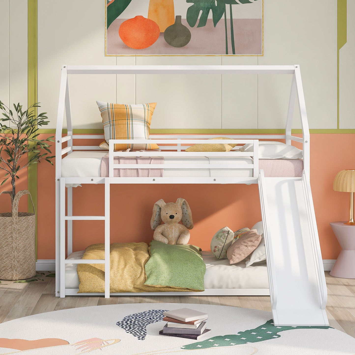 Twin Over Twin House Bunk Bed With Ladder And Slide - White