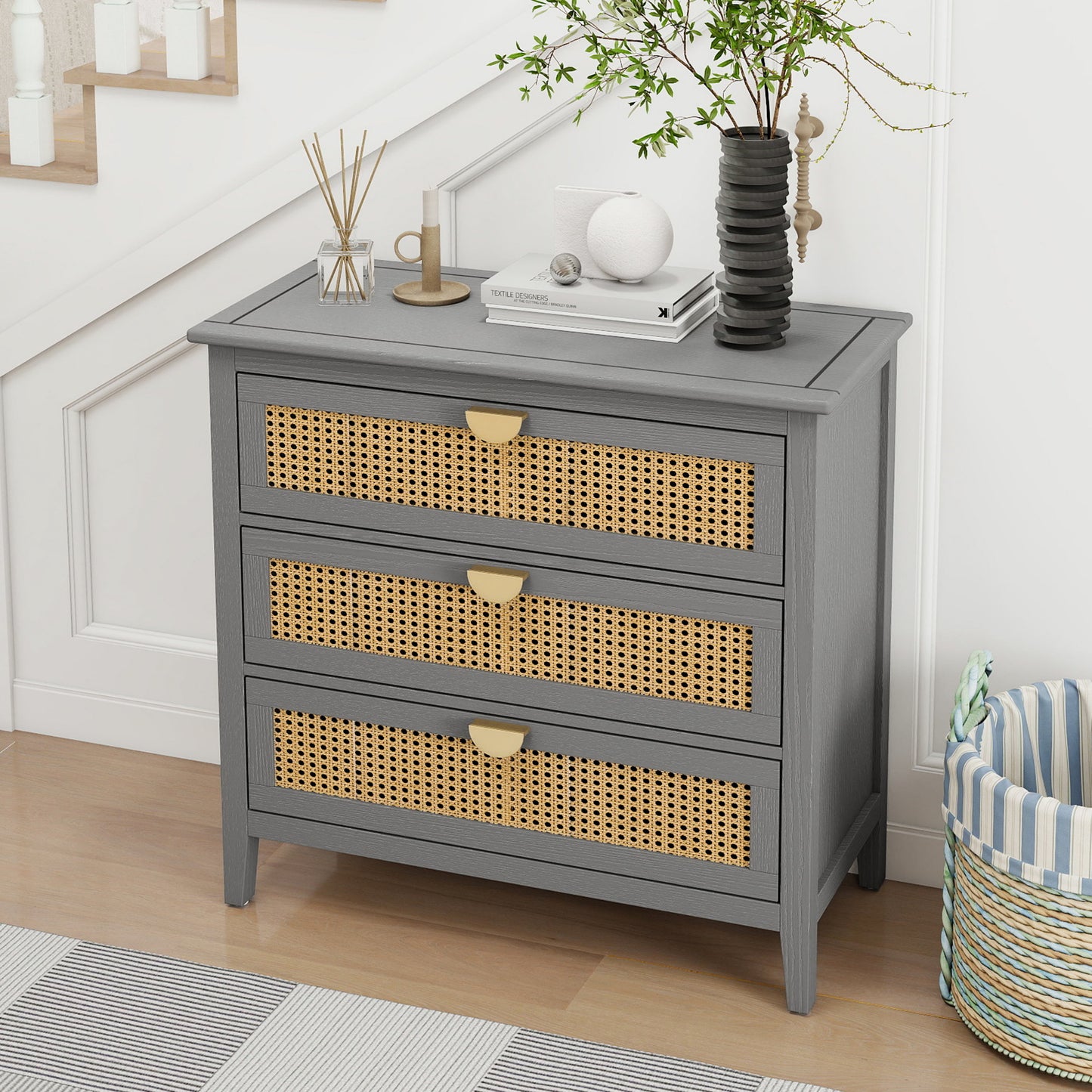 3 Drawer Cabinet Natural Rattan Suitable For Bedroom - Gray